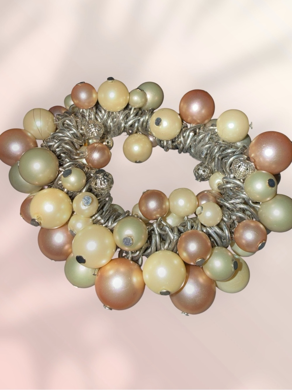 Vintage Faux Pearl Cluster Bracelet | Champagne Pink Cream Pearls|Silvertone